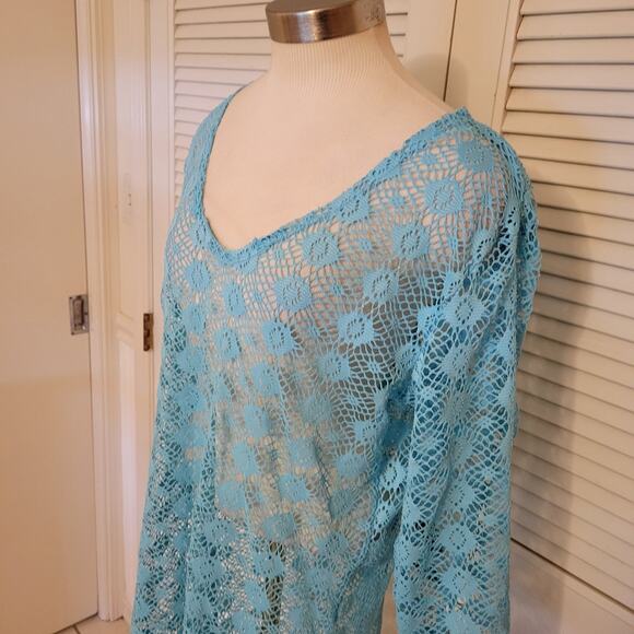 Porto Cruz Blue Crochet Swim Cover Up Dress XL Beach Layer Boho Sheer - Picture 3 of 7